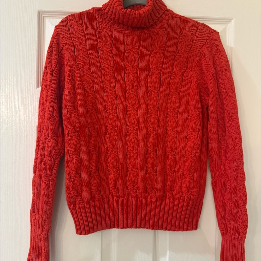 White + Warren 100% Cotton Red Cable Turtleneck Sweater